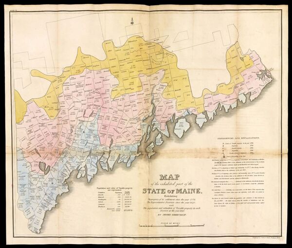 Map of the inhabited part of the State of Maine, exhibiting the progress of its settlement since the 1778,  The representative districts since the year 1820, and the population and valuation of taxable property in each district at the year 1820.