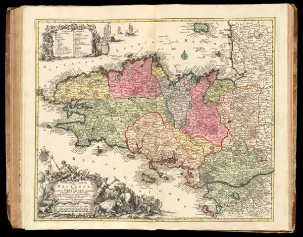 Gouvernement general de Bretagne sive ducatus Britanniae minoris superioris et inferioris cum insulils circumjacentibus in IX episcopatus suos subdivisus. || Government of Bretagne with the Duchy of Brittany minor, superior, and inferior, with surrounding islands.