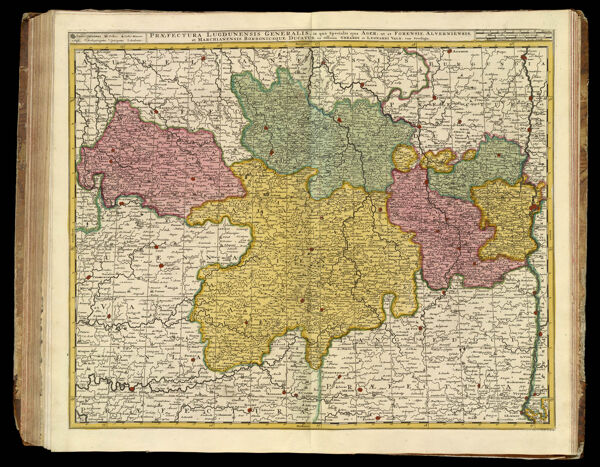 Praefectura Lugdunensis Generalis, in qua Specialis ejus Ager; ut et Forensis. Alverniensis, et Marchiansis Borbonisque Ducatus || General prefecture of Lyon, in which lies its territory, and Forens, Auvergne,and Bourbon Marche.