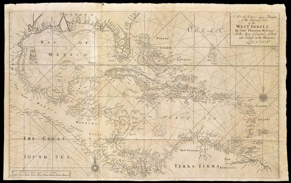 A New and Correct Large Draught of the Tradeing Part of the West Indies by Saml: Thornton Hydrogr: At the Signe of England Scotland and Ireland in the Minories London