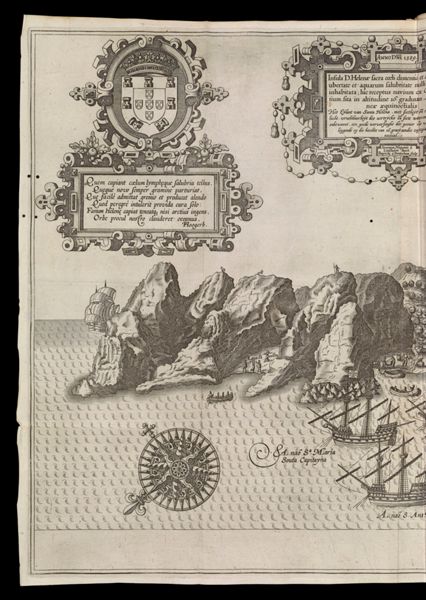 Insula D. Helenae sacra coeli clementia et aequabilitate soli ubertate et aquarum salubritate nulli secunda, sed inhabitata; hic receptus navium ex Or. India redetium. sita in altitudine 16 granduum, ad austrum linea aeuinoctialis. Ioannes Hugonis a Linschoten Auct. Baptista a Doetechum sculp. [Preceeded by the inscribed date] Anno Dni. 1589. 

[Cartouche reads] Illustribus ac Generosis Dominis D.D. Philippo Edvardo et Octaviano secundi Fuggeris, Dnis in Kirchberg, et Weissenhoren. Nobilisbus itidem praeclaris ac prudentibus Dnis, Marco Matthaeo Welsero ac sociis Dnis suis clementiss, ac Honorandis, honoris et obsequii ergo D.D. Ioannes Hugonis a Linschoten. 

[Inscription lower right reads] 140 en 141