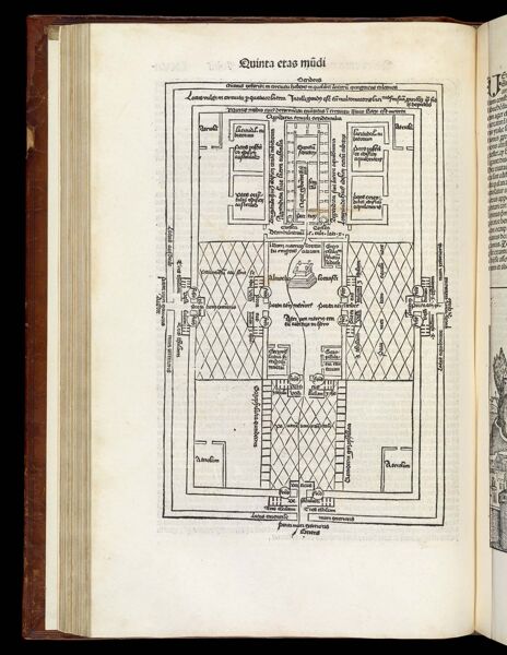 [The Fifth Age of the World - Folio LXVII verso] De edificatione templi [The building of the temple; one figure describing the plan of the temple]