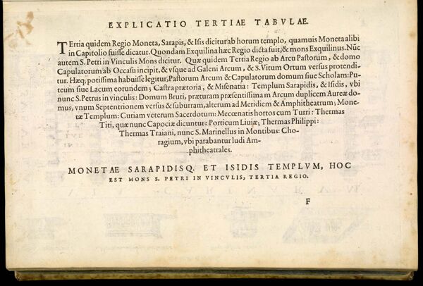 Explicatio tertiae tabulae. monetae sarapidisq. Et isidis templum, Hoc est mons s. Petri in vinculis, tertia regio.