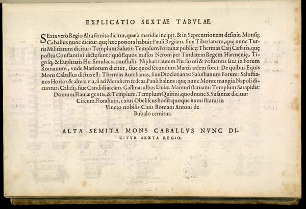 Explicatio sextae tabulae. Alta semita mons caballus nunc dicitur sexta regio. [Sheet without number]