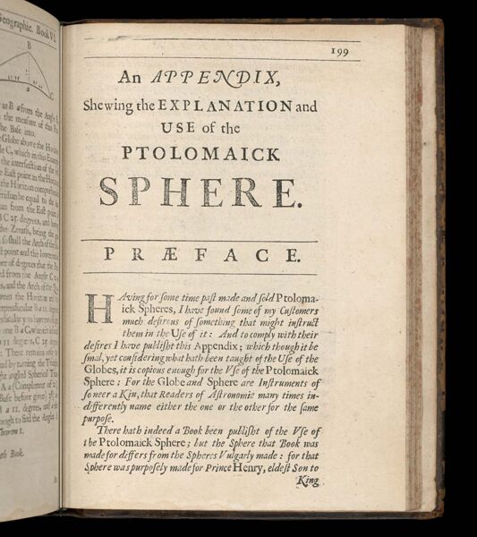 An Appendix, shewing the explanation and use of the Ptolomaick Sphere.  Preface.