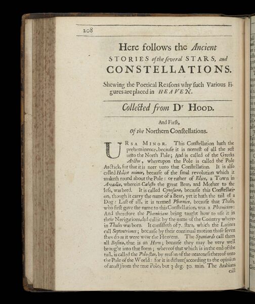 Her follows the ancient stories of the several stars and constellations.  Shewing the poetical reasons why such various figures are placed in heaven.  Collected from Dr Hood.