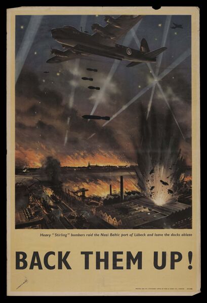 Back Them Up! Heavy 'Stirling' bombers raid the Nazi Baltic port of Lübeck and leave the docks ablaze