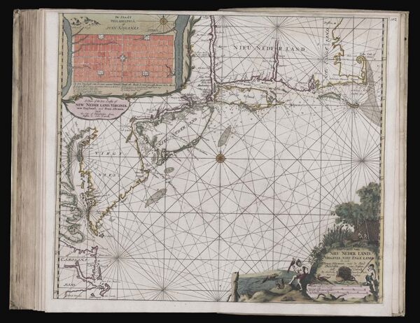A chart of the sea coasts of New Nederland, Virginia, New-England, and Penn-Silvania, with the Citty of Philadelphia. from Baston to Cabo Karrik