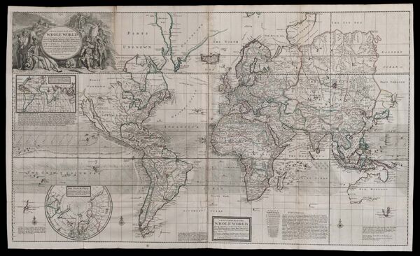 A New & Correct Map of the Whole World Shewing ye Situation of its Principal Parts. Viz the Oceans, Kingdoms, Rivers, Capes, Ports, Mountains, Woods. Trade-Winds, Monsoons, Variation of ye Compass, Climats, & c. With the most Remarkable tracks of the bold attempts which have been made to find out the North East & North West passages. The projection of this Map is call'd Mercator's the Design is to make it useful both for Land and Sea. And it is laid down with all possible Care, According to the Newest and Most Exact Observations by Herman Moll geographer. 1719.