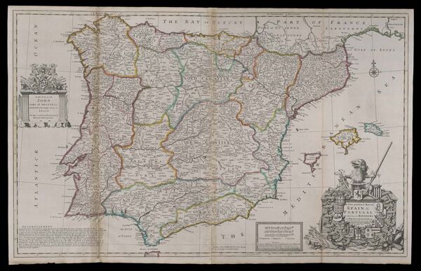 A new and exact map of Spain & Portugal divided into its kingdoms and principalities &c with ye principal roads and considerable improvements, the whole rectifyd according to ye newest observations, by H. Moll geographer. 1711.