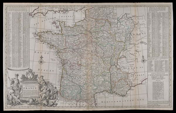 A new and exact map of France dividid into all its provinces and acquisitions, according to the newest observations, and that accurate survey made by the King's Command by Mr. Picar and de la Hire, with the post roads and the computed leagues from town to town the passes of the Pirenean mountains, and many other remarks &c. By H. Moll geographer.
