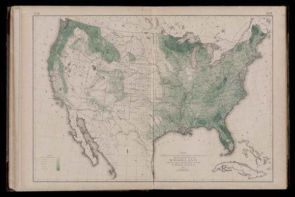 Map showing in five degrees of density the distribution of woodland within the territory of the United States 1873