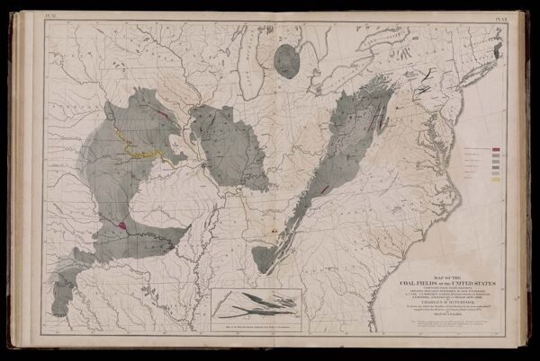 Map of the coal fields of the United States compiled from state reports and data specially furnished by Prof W. B. Rogets, E.T. Cox, A.H. Worthen. S.S. Lyon Richard Owen, A.B. Roessler R.P. Rothwell Jas. Macfarlane G.C. Swallow and W.C. Kerr by Charles Hitchcock to which are added the statistics of coal product for the year ending June 1st compiled from the statistics of industry Ninth Census 1870