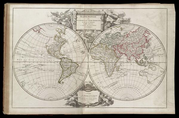 Mappemonde ou description du globe terrestre, dressée sur les mémoires les plus nouveaux, et assujettie aux observations astronomiques, par le Sr. Robert de Vaugondy fils.