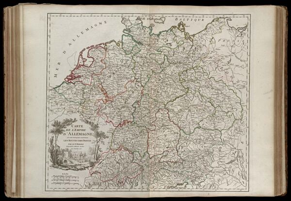 Carte de l'Empire d' Allemagne où sont marquées exactement les routes des postes Par le Sr. Robert Geographe ordinaire du Roi Avec privilege 1757.