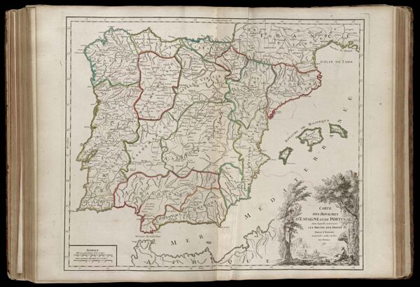 Carte des royaumes d'Espagne et de Portugal dans laquelle sont tracées les routes des postes Parle Sr. Robert. Geographe ordin du Roi. Avec privilege. 1757