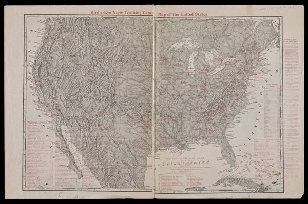 Topographical map of the United States showing Army and Navy training camps, and principal national highways