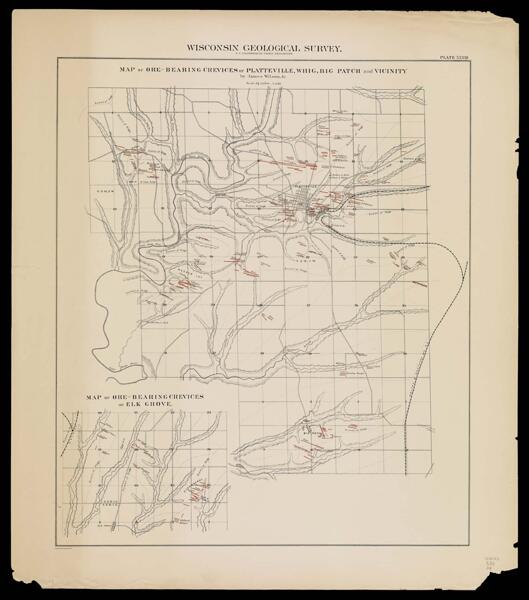 Map of ore-bearing crevices of Platteville, Whig, Big Patch and vicinity by James Wilson Jr. / Map of ore-bearing crevices of Elk Grove