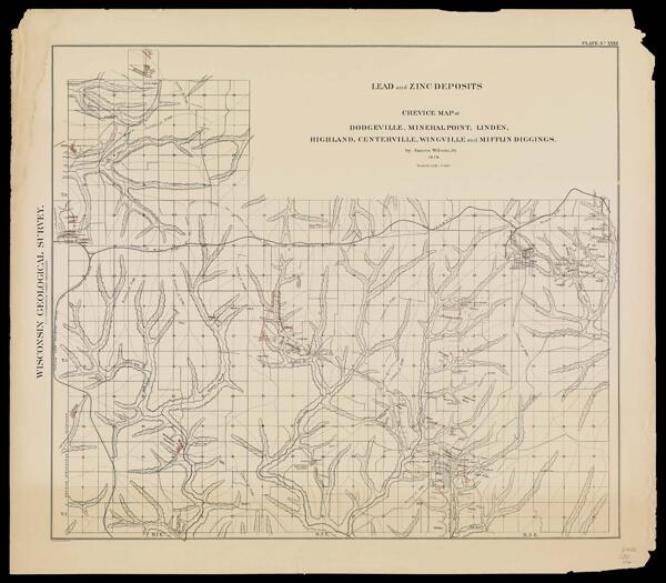 Lead and zinc deposits crevice map of Dodgeville, Mineral Point, Linden, Highland, Centerville, Wingville and Mifflin Diggings by James Wilson Jr. 1878