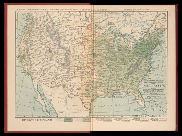 The Matthews-Northrup comprehensive map of the United States showing distribution of population and standard time divisions