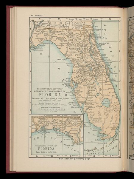 The Matthews-Northrup adequate travel-map of Florida showing ALL Railroads, cities, towns and Principal Villages