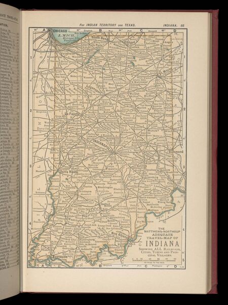 The Matthews-Northrup adequate travel-map of Indiana showing ALL Railroads, Cities, Towns, and Principal Villages