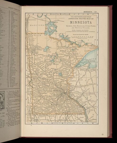 The Matthews-Northrup adequate travel map of Minnesota, showing ALL Railroads, Cities, Towns, and Principal Villages