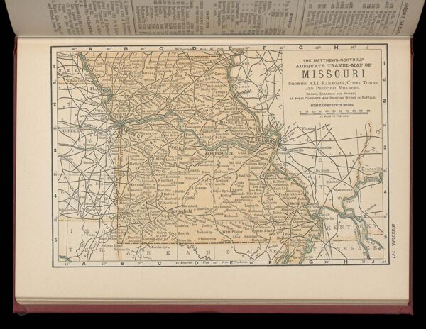 The Matthews-Northrup adequate travel map of Missouri showing ALL Railroads, Cities, Towns, and Principal Villages