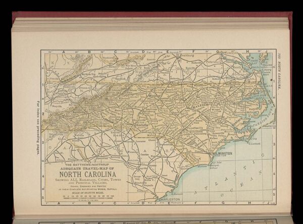 The Matthews-Northrup adequate travel map of North Carolina showing ALL Railroads, Cities, Towns, and Principal Villages