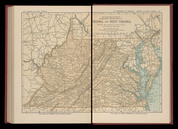 The Matthews-Northrup adequate travel map of Virginia and West Virginia showing ALL Railroads, Cities, Towns, and Principal Villages