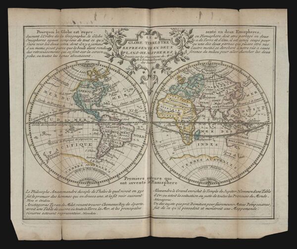 Le Globe Terrestre Representé en deux plans-hemispheres dressée sur por observations de Mrs. de la l'Academie des Sciences.