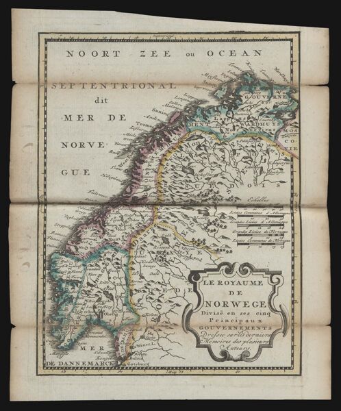 Le royaume de Norwege divise en ses cinq principaux gouvernements...