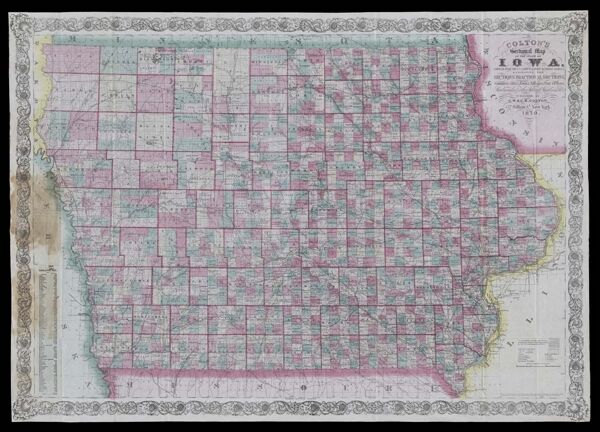 Colton's sectional map of the state of Iowa compiled from the U.S. surveys & other authentic sources exhibiting the sections, fractional sections, counties, cities, towns, villages, post offices, railroads & other internal improvements