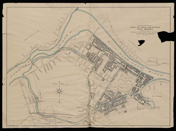 Lowell, Mass. prop. of locks and canals, map showing part of city, Merrimack River, Concord River and canals.