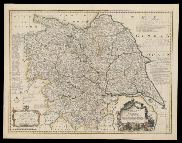 An Accurate map of the county of York divided into its ridings and subdivided into wapontakes drawn from surveys with various improvements shewing also by concentrick circles, the distances of all places in the country from the city of York