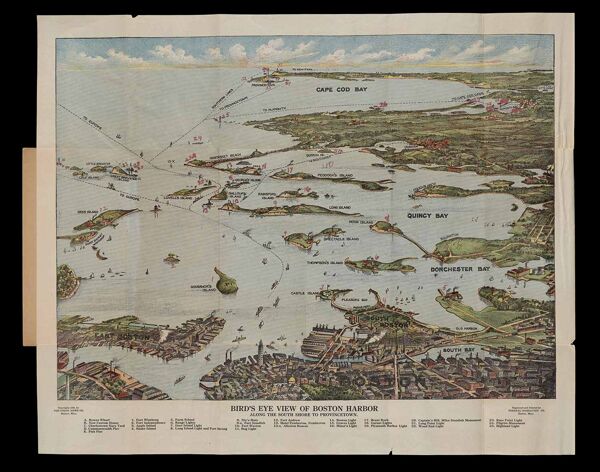 Bird's Eye View of Boston Harbor : in colors, along the South Shore to Plymouth, Cape Cod Canal and Provincetown showing all the steamboat routes