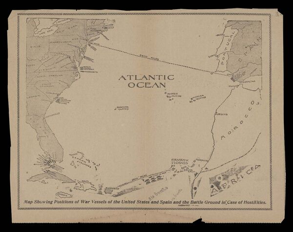 Map showing positions of war vessels of the United States and Spain and the battle ground in case of hostilities