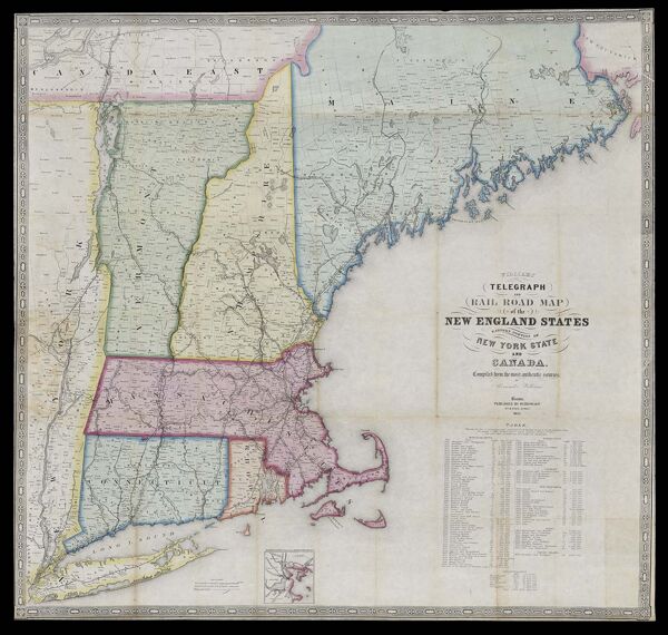 Williams' telegraph and rail road map of the New England states, eastern portion of New York state and Canada : compiled from the most authentic sources