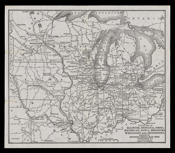 Textile Map of Illinois, Indiana, Ohio, Michigan, Iowa, Missouri, Wisconsin and Minnesota.