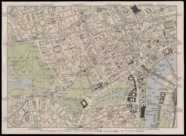 The Motor parking place map of West-End of London : showing parking places, principal garages, theatres and places of public interest