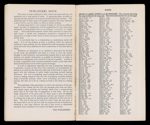 Publisher's Note / Index of Lakes, Ponds and Mountains
