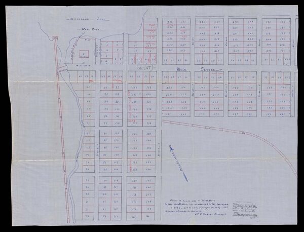 Plan of house lots at West Cove, Greenville, Maine lots numbered 1 to 150 surveyed in 1883 - 150 to 238 surveyed in May, 1899 by W.P. Oakes, surveyor.