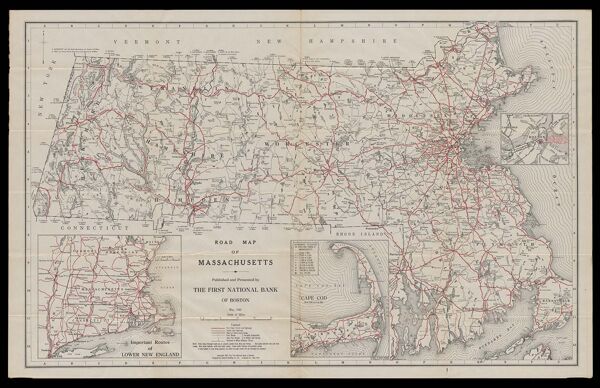 Road map of Massachusetts prepared by General Drafting Co., Inc. published and presented by the First National Bank of Boston