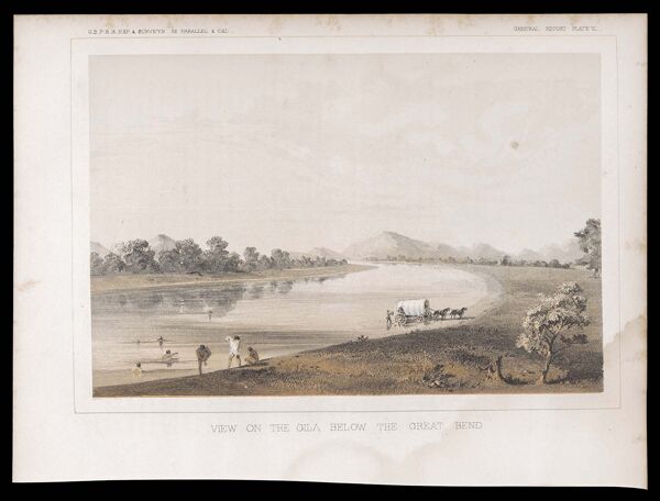 U.S.P.R.R.Exp. & Surveys, 32nd. parallel & Cal. General report, Plate VI [character obscured]. View on the Gila below the Great Bend.