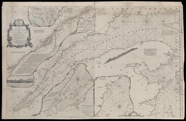 An Exact Chart of the River St. Laurence, from Fort Frontenac to the island of Anticosti shewing the Soundings, Rocks, Shoals &c with Views of the Lands and all necessary Instructions for navigating that River to Quebec.