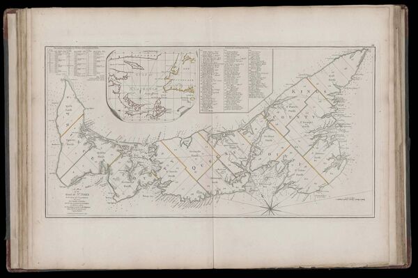 A Map of the Island of St. John In the Gulf of St. Laurence Divided Into Counies & Parishes And the Lots, as Granted by the Government. to which are added The Soundings round the Coast & Harbours, Improv'd from the late Survey of Captain Holland.