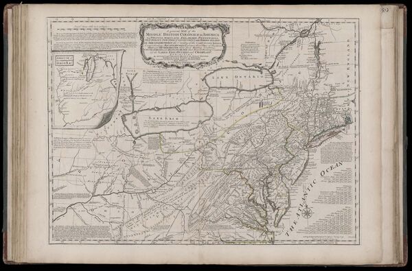 A general Map of the Middle British Colonies in America: viz. Virginia, Maryland, Delaware, Pensilvania, New Jersey, New-York, Connecticut and Rhode-Island: of Aquanishuonigy the Country of the Confederate Indians Comprehending Aquanishuonigy proper, their Places of Residence, Ohio and Thuchsochruntie their Deer Hunting Countries, Couchsachrage and Skaniadarade their Beaver Hunting Countries, Of the Lakes Erie, Ontario and Champlain, Exhibiting the Antient and Present Seats of the Indian Nations...