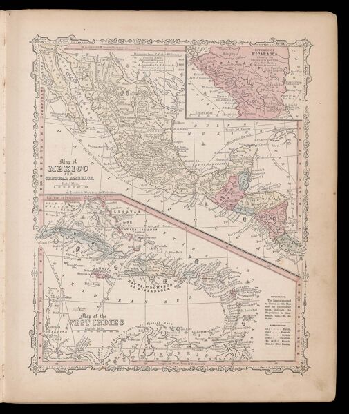 Map of Mexico and Central America. Map of the West Indies. Isthmus of Nicaragua.