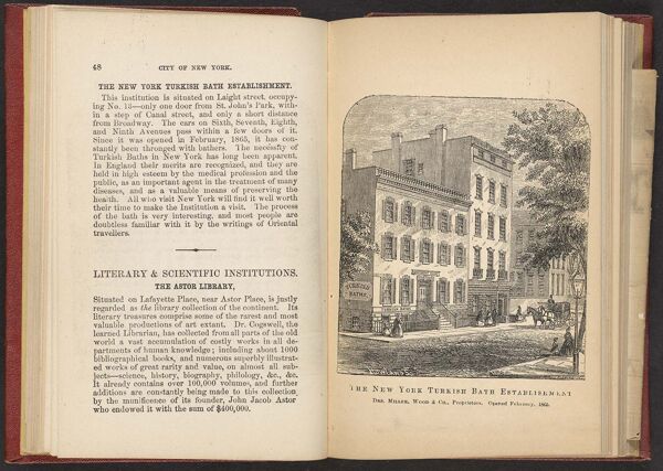 The New York Turkish Bath Establishment. Dr.'s Miller, Wood & Co., proprietors. Opened February, 1865.
