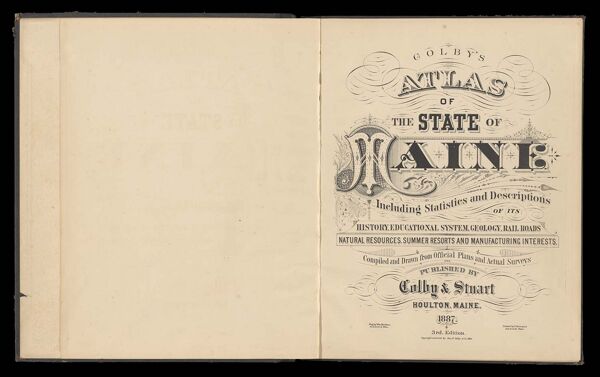 Colby's Atlas of the State of Maine : including statistics and description of its history, educational system, geology, railroads, natural resources, summer resorts and manufacturing interests compiled and drawn from official plans and actual surveys and published by Colby & Stuart. Houlton, Maine. 1887. 3rd edition.